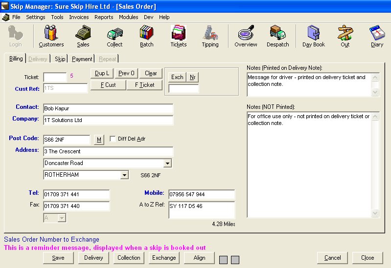 Enter a Sales Order / Skip Hire Details